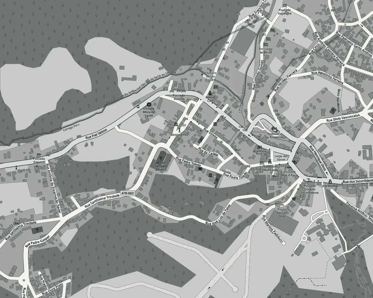 Mapa do centro histórico de Tiradentes com o restaurante perto do Largo das Forras