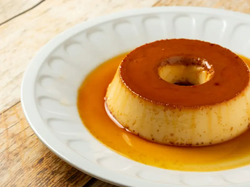 Pudim de leite com calda de caramelo num prato branco